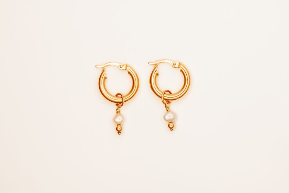 Gold Hoops with Petite Pearl Charm