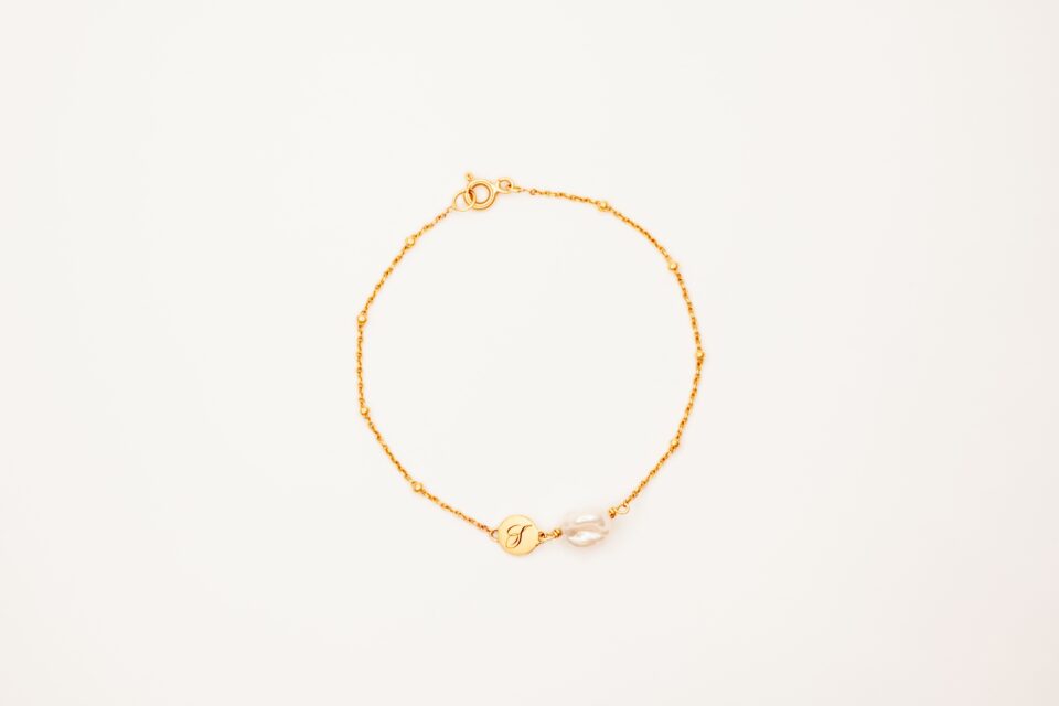 Calligraphy Initial Bracelet 14k with pearl